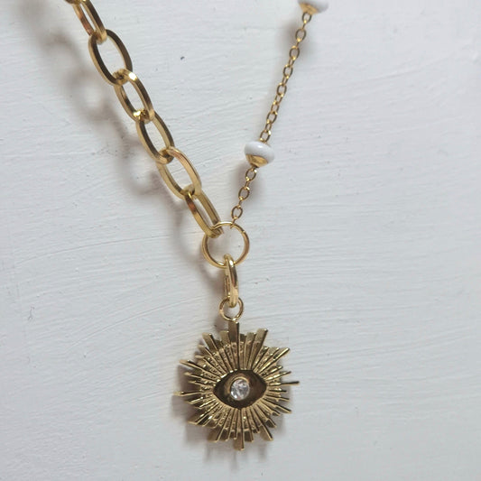Collier Soleil Mauvais Œil – Acier inoxydable plaqué or 24K